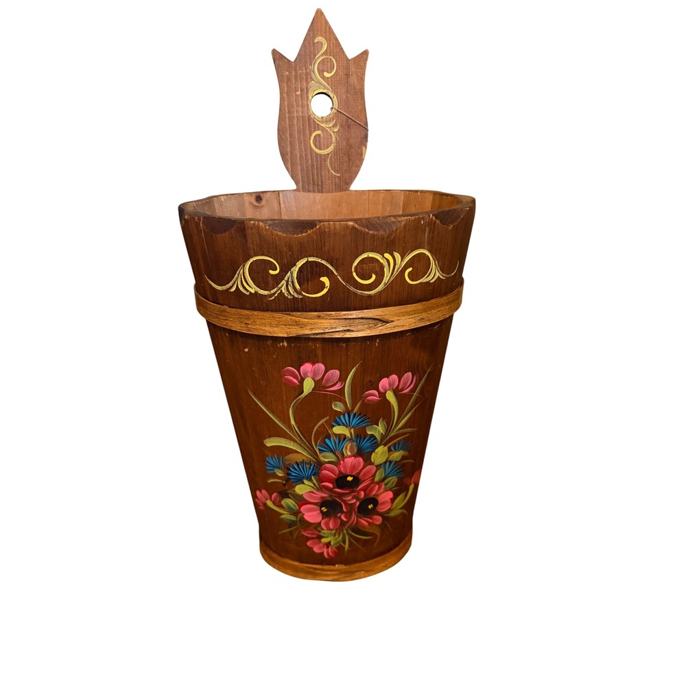 Vintage Hand Painted Wooden Wall Pocket Bucket Folk Art Floral Toleware 18 Inch